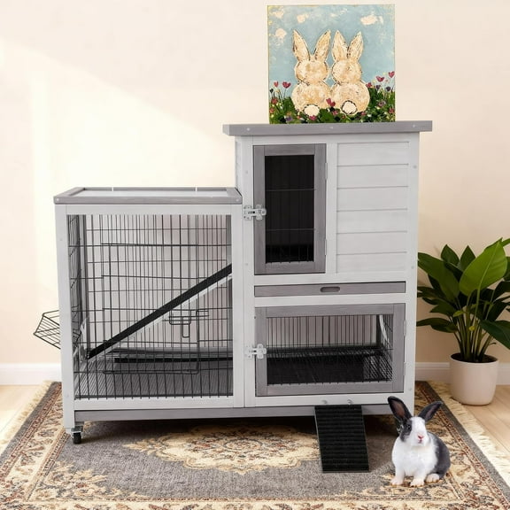 Rabbit Hutch Indoor Bunny Cage Outdoor with Urine Guards 2 Storey Mobile Guinea Pig Cage