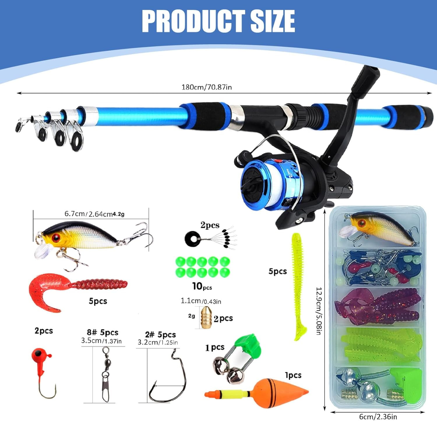 Fishing Rod and Reel Combo, 70 Inch Telescopic Casting Rod Pole with Spincast Reel, Tackle Box and Hooks Lures Swivels Carry Bag, Portable Fishing Gear Set for Beginners, Blue
