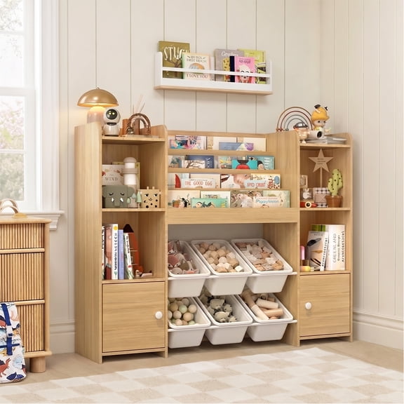 Jolie Vallee Kids Toy Storage Organizer Bookcase with 6 Bins,Storage Organizer Bookshelf with 2 Door for Children Playroom Organization,Natural