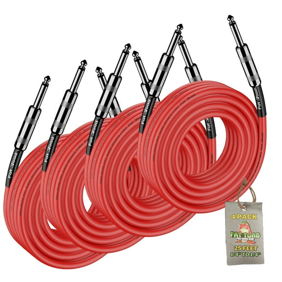4 PACK - DJ Speaker Cables 25FT by Fat Toad Quarter Inch 12 AWG Gauge Wire for Amp, Music Studio Recording & Stage Gear 1/4" to 1/4" Male Jack Professional Pro Audio Red Speakers PA Patch Cords