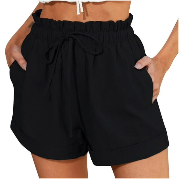Summer Shorts for Women Ruffle Elastic Waist Drawstring Cotton Linen Shorts Casual Comfy Lounge Shorts with Pockets