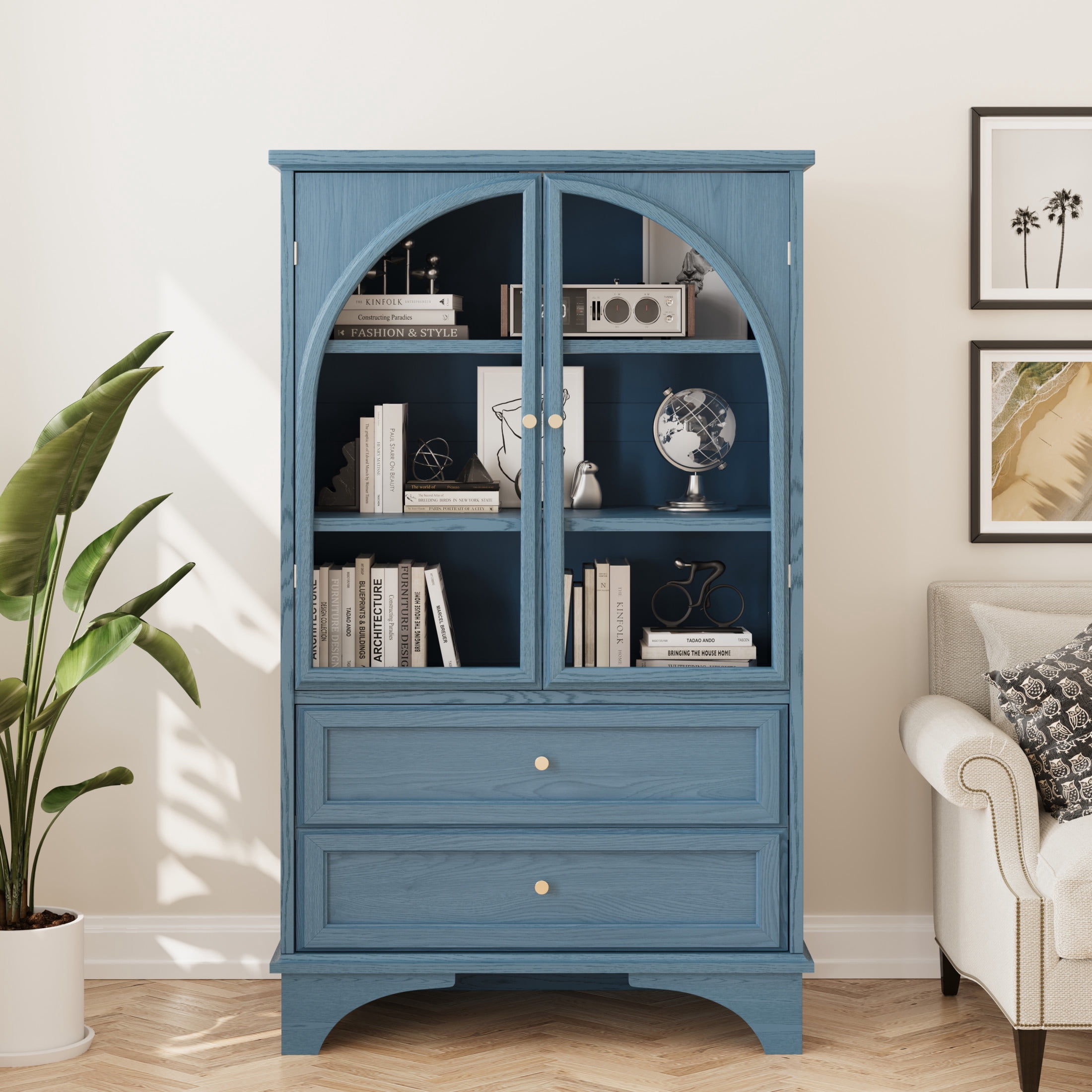 GDF Studio 52.17-Inch Display Cabinet with Glass Doors, 2 Drawers & Adjustable Shelves, Blue