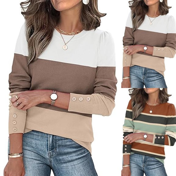 Womens Sweaters Fall Fashion Long Sleeve Button Cuff Soft Knit Pullover Trendy Tops Dressy Casual Blouses Brown XL