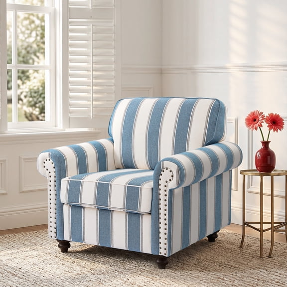 DREAMSIDEA Square Accent Chair Upholstered Striped Armchair for Living Room with Wood Legs & Wide Seat, Blue White