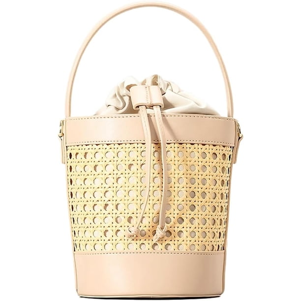 LHSHIDU Rattan Straw Tote Bucket Bag for Women - PU Leather Summer Beach Holiday Purse