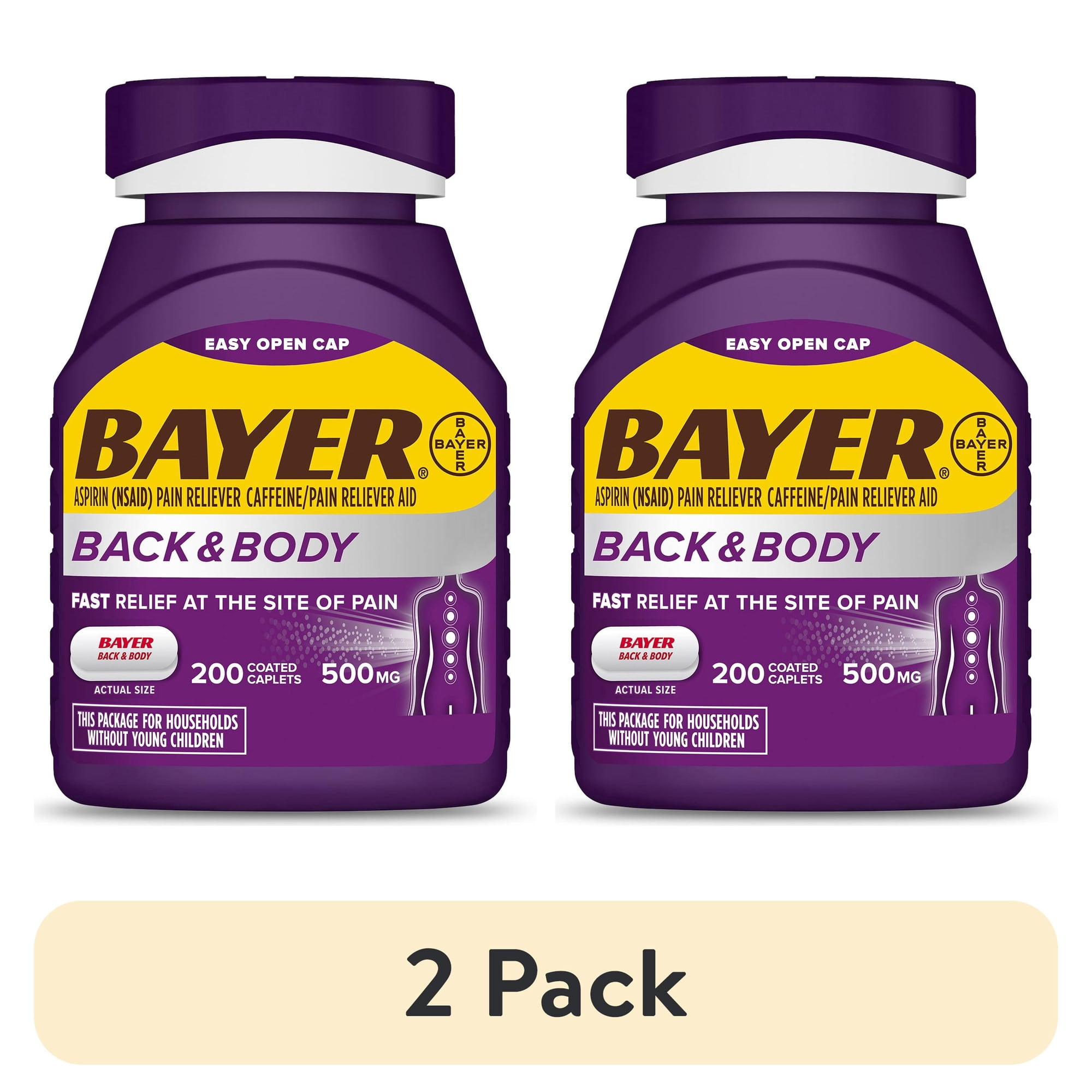 (2 pack) Bayer Back and Body Extra Strength Aspirin 500 mg, Pain Reliever With Caffeine, 200 Coated Caplets