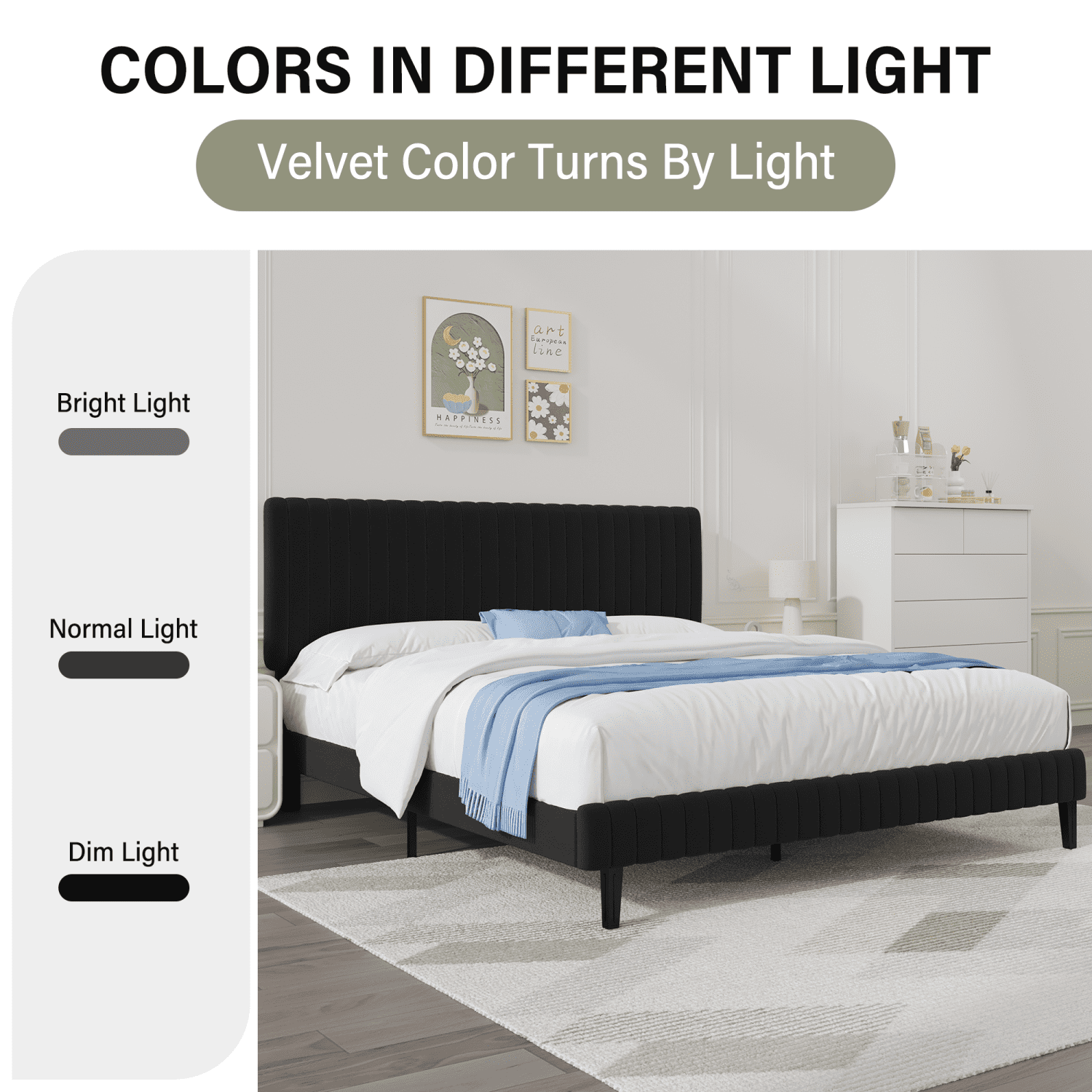 4 EVER WINNER King Size Bed Frame, King Size Upholstered Platform Bed Frame with Vertical Channel Tufted Headboard, Black King Bed Frame, Black