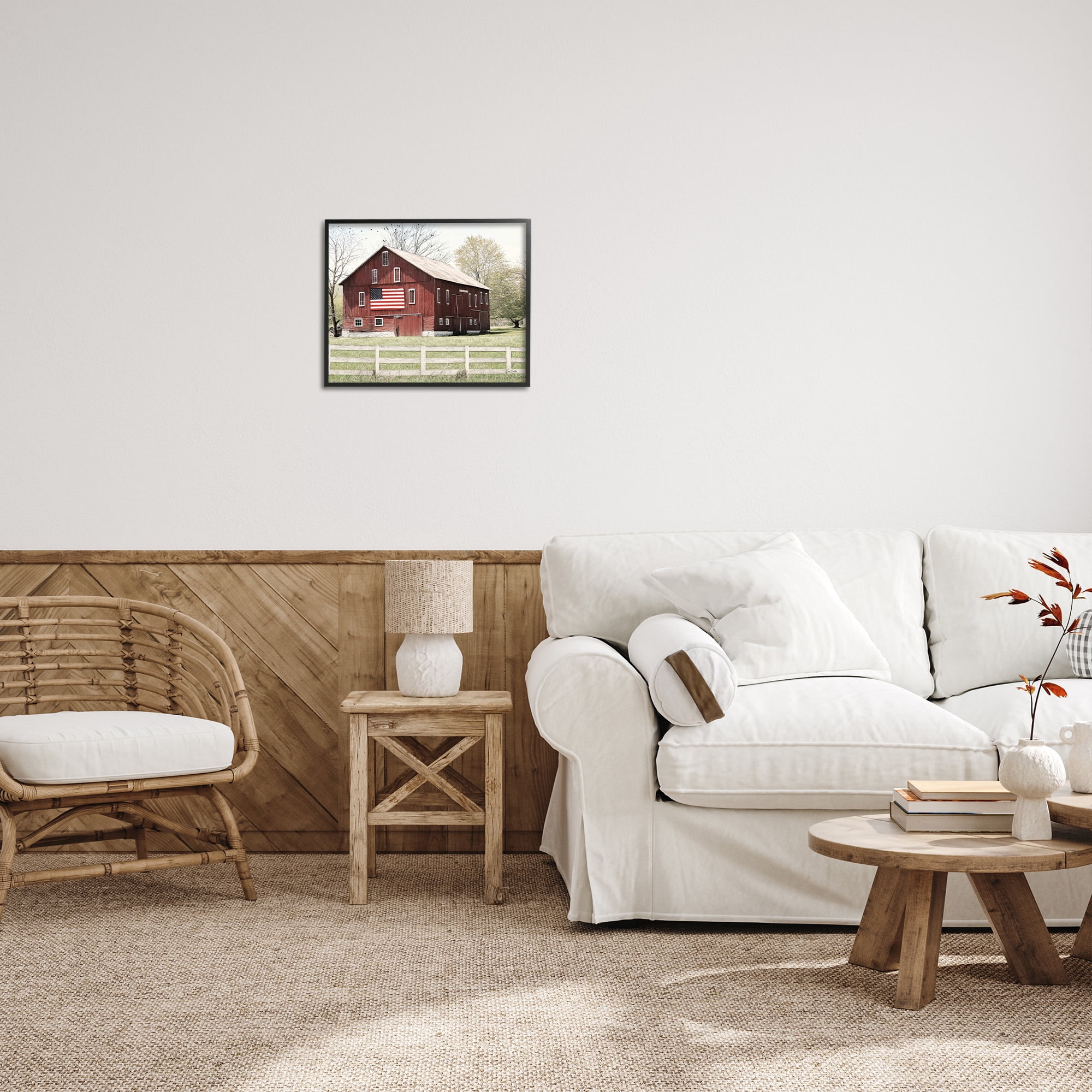 Stupell Industries Patriotic Barn Flag Landscape Painting Black Framed Art Print Wall Art, 20 x 16