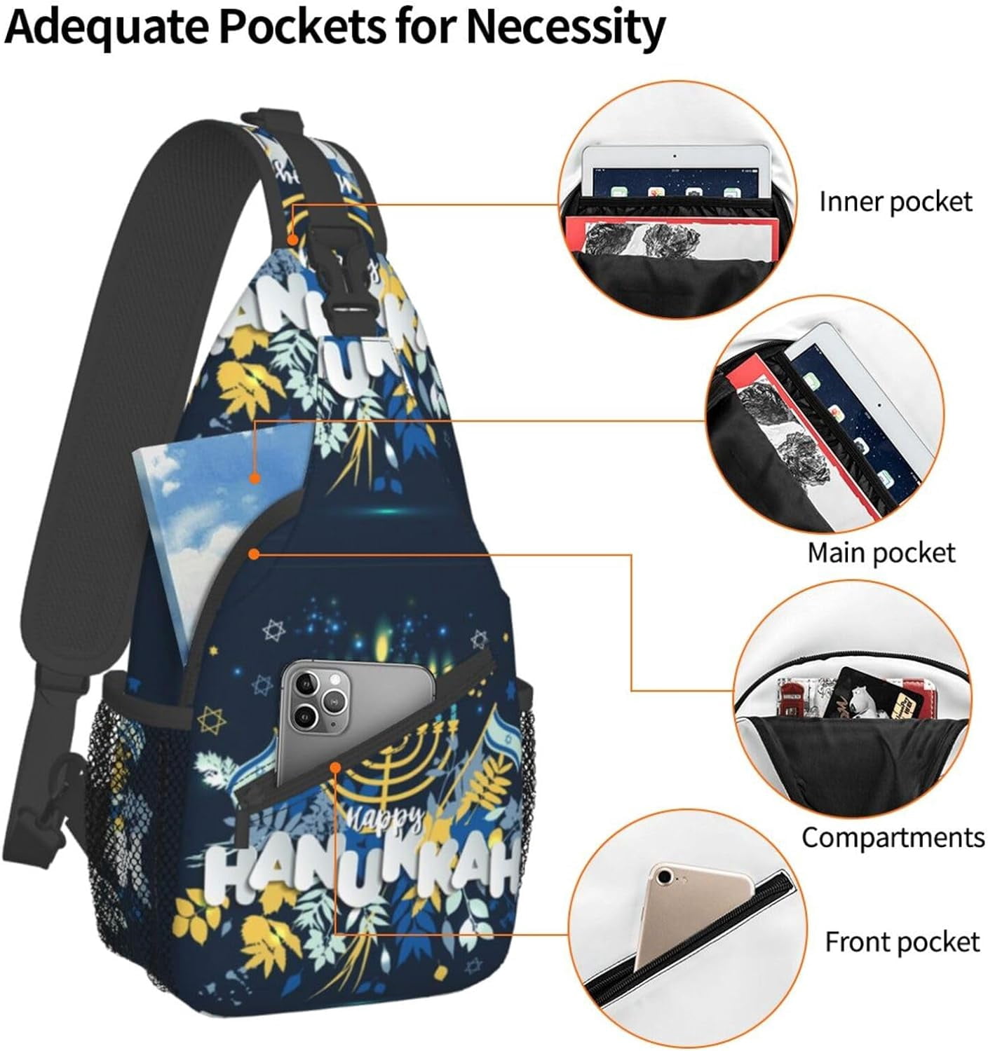 Happy Hanukkah Jewish Chanukah Holiday Sling Bag Crossbody Hiking Travel Chest Bags Backpack Shoulder Daypack for Women Men