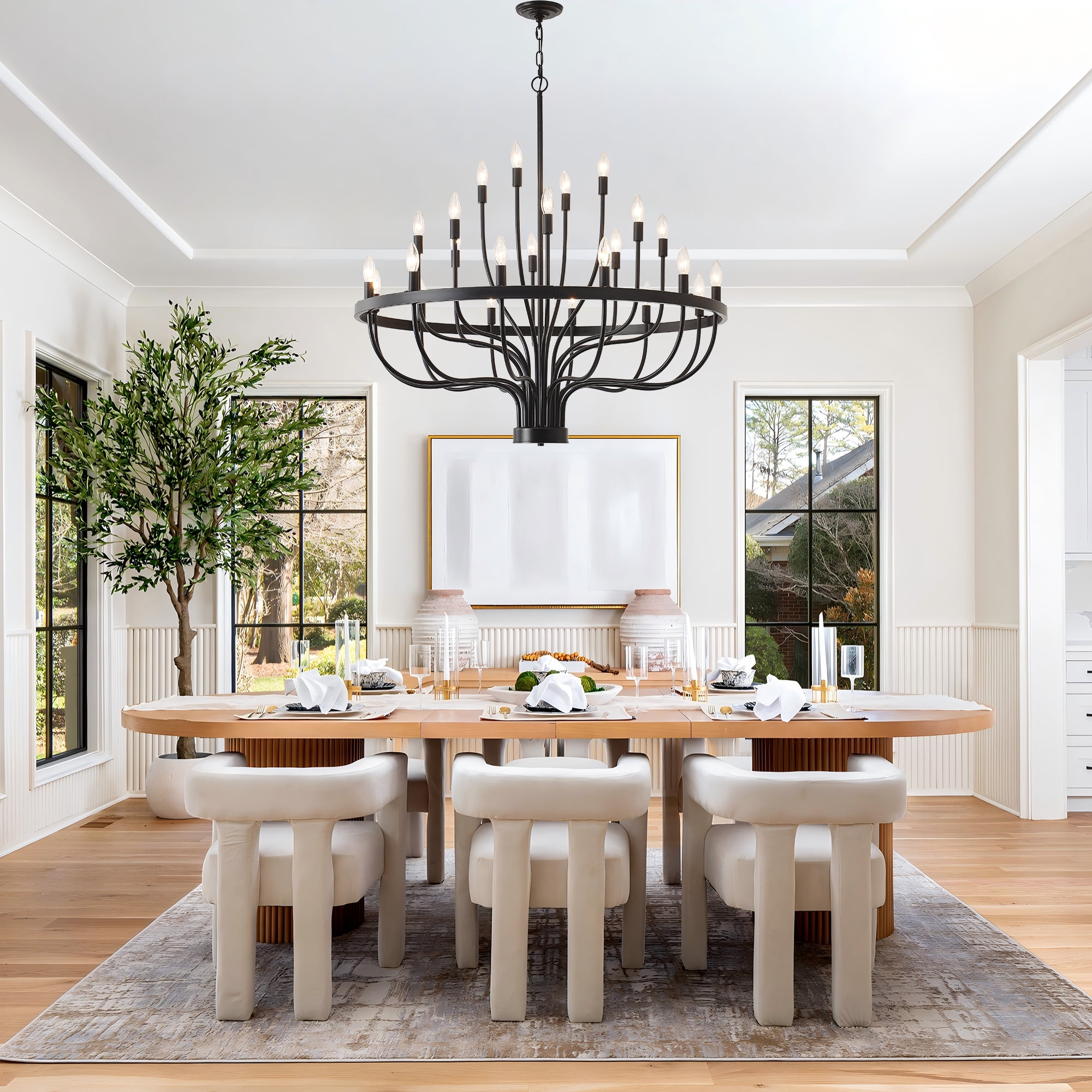 24-Lights Farmhouse Chandelier with Adjustable Height, Black Candle-Style Hanging Light for Entryway, Dining Room, High Ceiling Living Room, Hallway
