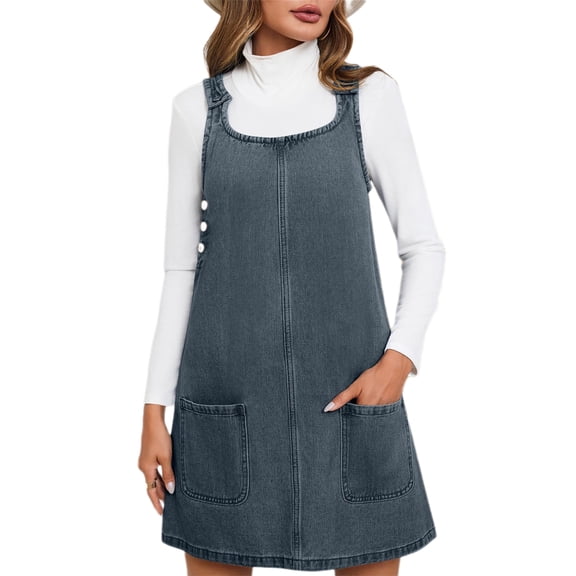 Sleeveless A-line Denim Dress Women Casual Loose Jean Dress with Pocket