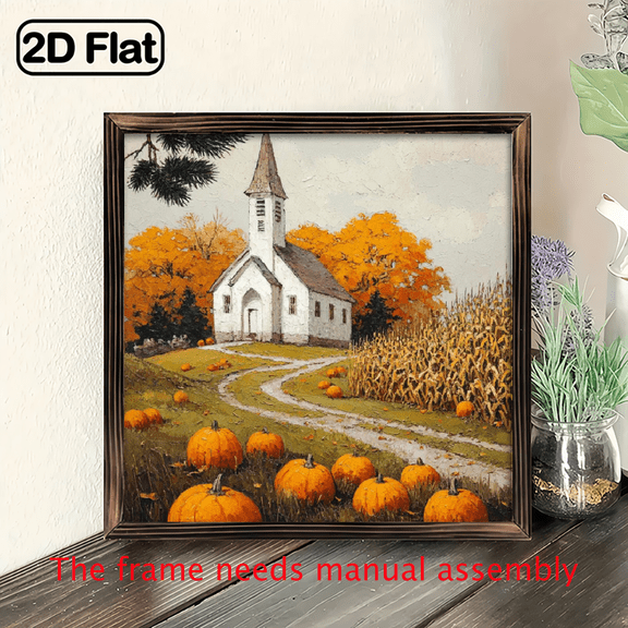 2D Flat - 1pc Rustic Farmhouse Autumn Church Wood Framed Wall Art Sign, 8x8 Inch - Harvest Decorative with Frame for Living Room Office Desks, Perfect Home Wall Decor Gift, Farmhouse Rustic Decor