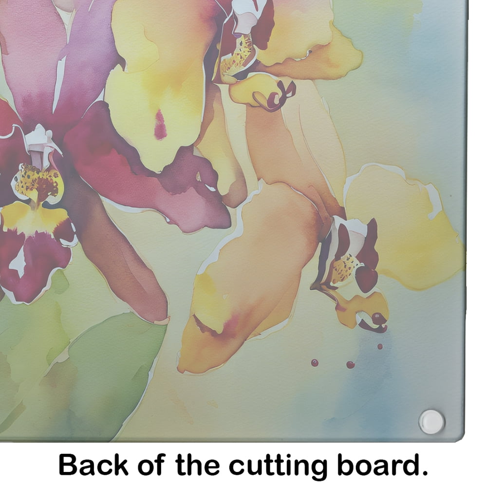 Orchids in Watercolor Glass Cutting Board Large 12 in x 15 in