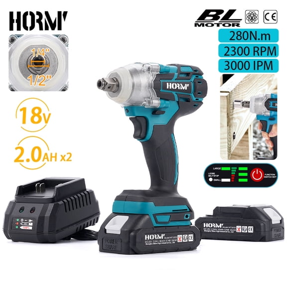 Hormy Cordless Impact Wrench, 1/2 inch Wrench with Two 2.0Ah Batteries 18V Brushless Motor & LED Lighting for Home Car Tire Lug Nut Removal Tool