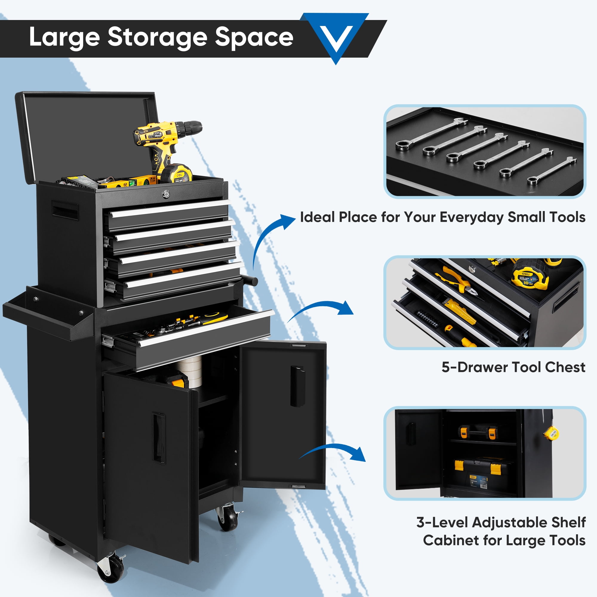 Steelite  26-Inch Tool Chest & Storage Cabinet, 5 Drawers Rolling Tool Chest with Detachable Top Tool Box for Garage Warehouse Workshop, Rolling Garage Organizer with Handle and 6 Hooks