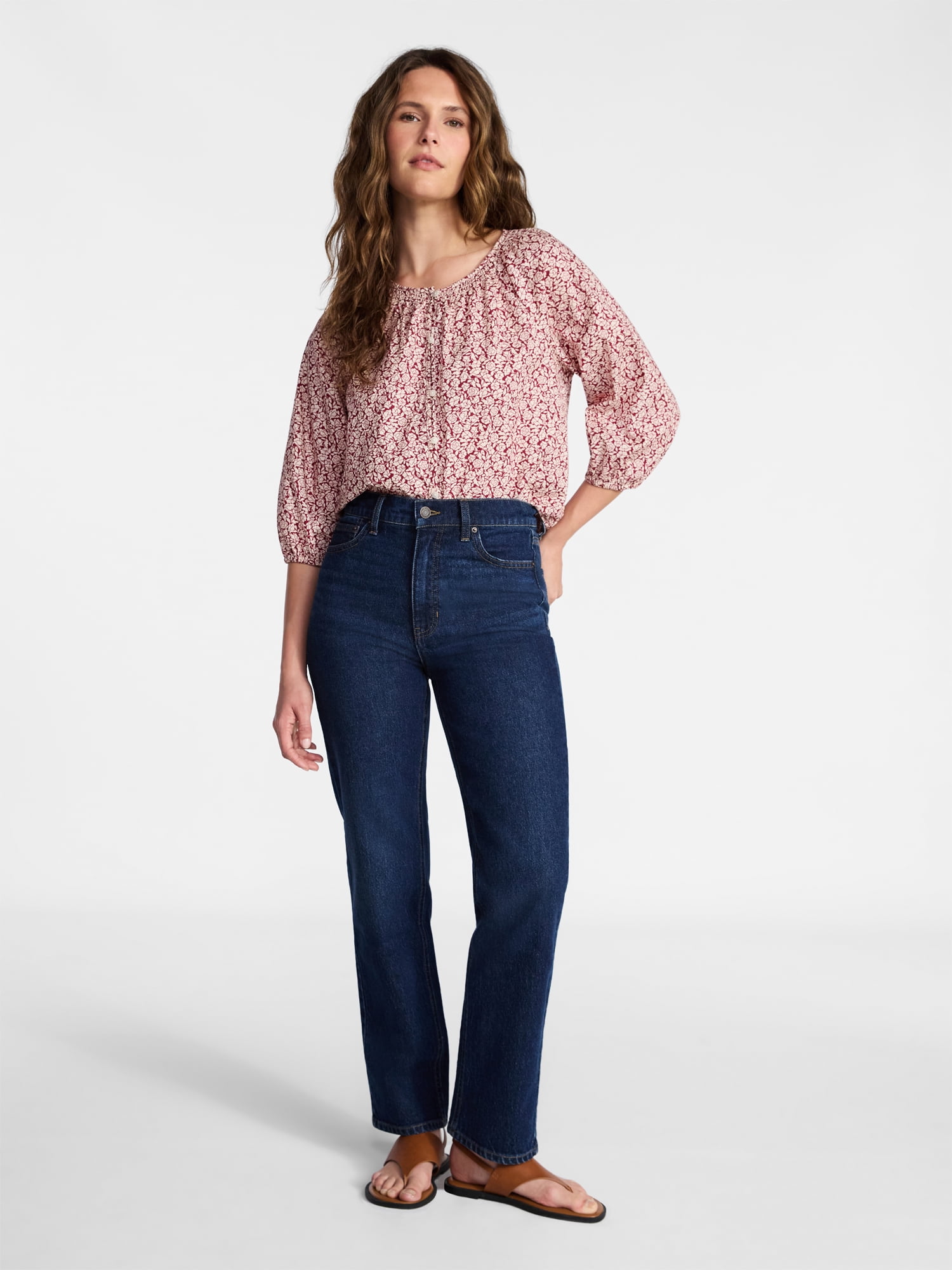 Time and Tru Women's Cotton Button Front Blouse with ¾ Length Sleeves, Sizes XS-XXXL