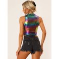 thumbnail image 3 of Top corto metálico Allegra K cuello falso cremallera frontal sin mangas Holográfico Multicolor Negro XL, 3 of 6