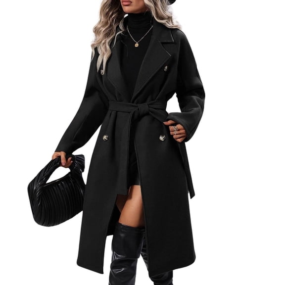 Women's long wool coat with lapel, double-breasted design, warm outerwear with belt