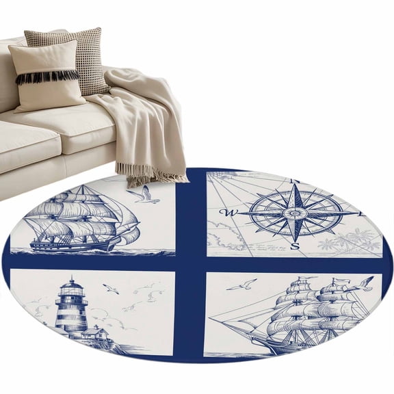 Nautical Navy Round Area Rug 4 FT, Non Slip Indoor Outdoor Rug, Blue Lighthouse Boat Compass Ocean Washable Soft Circular Carpet Non-Shedding Floor Mat for Coffee Table Nursery Foyer Balcony