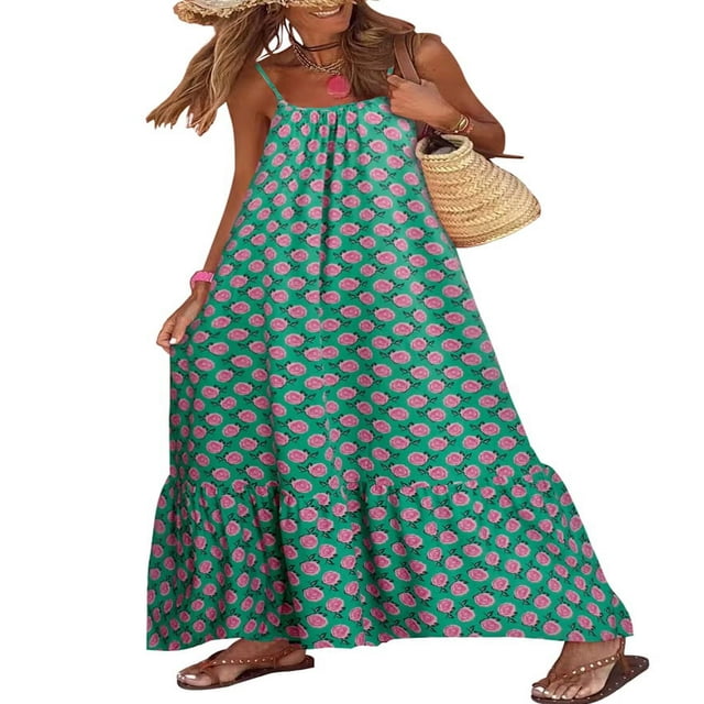 POINTERTECK Robe Maxi à Étages Sans Manches Boho à Fleurs pour Femmes, Décontractée, Superposée, Ample, Vacances, Plage, Bohème, Longues Robes