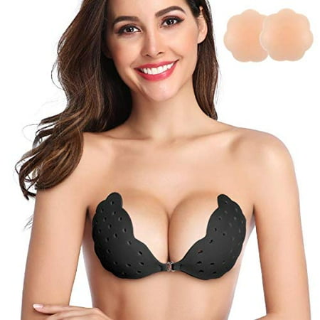 

Niidor Sticky Bra Breathable Strapless Bra Adhesive Push Up Backless Bras for Women(Black-B)