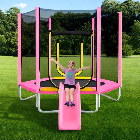7FT Trampoline for Kids, SHINPT Toddler Trampoline Outdoor, Small Trampoline for Kids with Slide and Ladder, Recreational Trampoline for Backyard, Outside Toys for Kids with Safety Enclosure Net