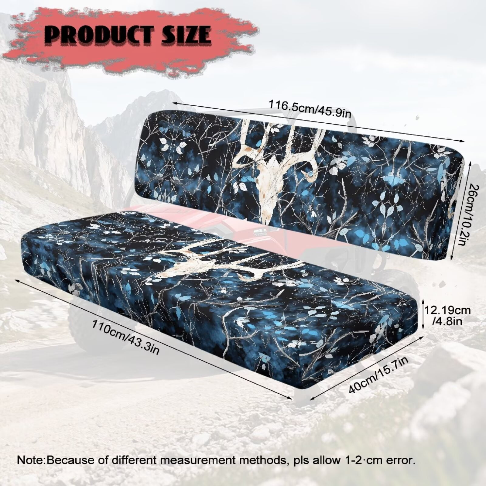 Uorisanigo UTV Seat Cover, Non-Slip Bench Seat Cover with Elastic Band, Dustproof Windproof All Weather Blue Camo Hunting Skull Deer Padded Protector for Kawasaki Mule 3000 3010 3020