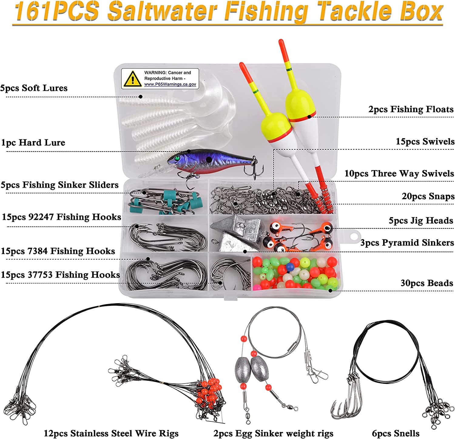 Saltwater Lures Surf Fishing Tackle Box Kit, 161pcs Ocean Beach Fishing Equipment Accessories Fishing Bait Rigs Lures Wire Line Monnow Hooks Swivels
