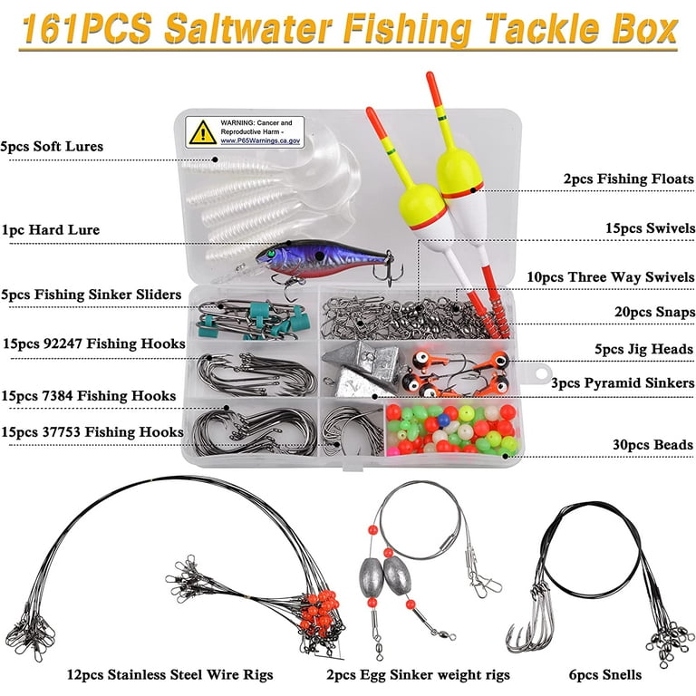 beach fishing box Saltwater Lures Surf Fishing Tackle Box Kit, 161pcs Ocean Beach Fishing Equipment Accessories Fishing Bait Rigs Lures Wire Line Monnow Hooks Swivels,
