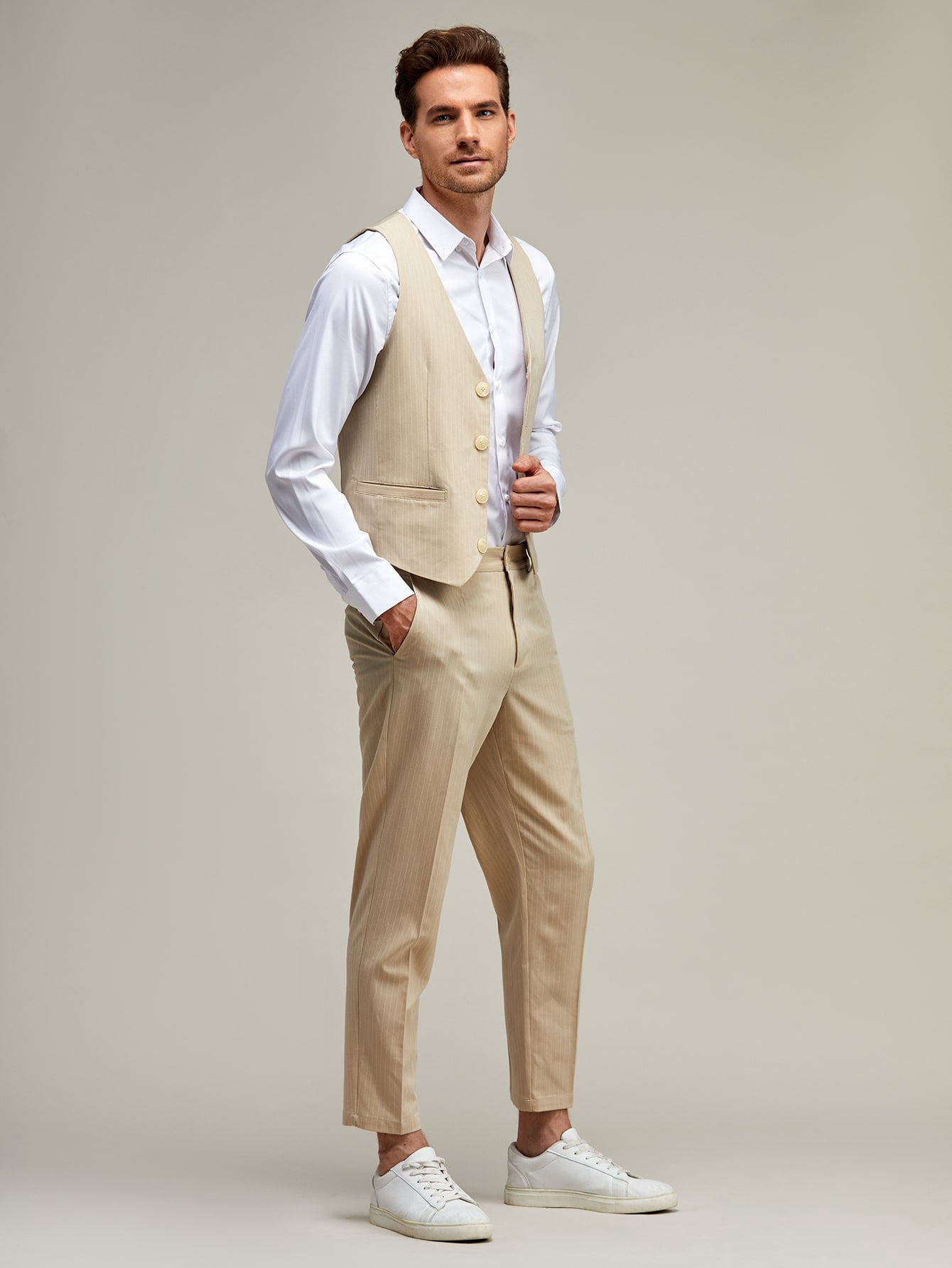 Khaki Work Men Button Front Blazer Vest 