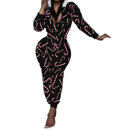 

Lajitongtong Women Christmas Jumpsuit Cartoon Print Zipper One-piece Pajamas Sleepwear