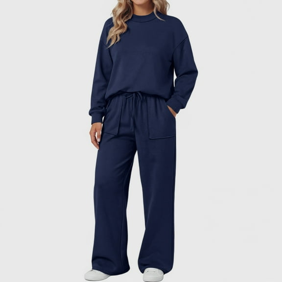 Women's Autumn Casual Two-piece Set - Round Neck Sweatshirt Wide Leg Sweatpants Suit Solid Color Long Sleeve Sportswear Set Loose Pullover & Drawstring Trousers 2-piece Set