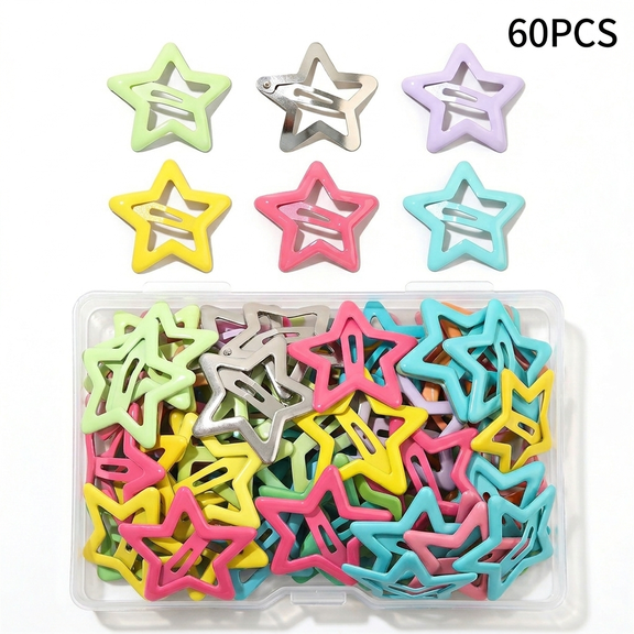 Hugrose 60Pcs Star Hair Clips, Multi-Color Silver Metal Non-Slip Five-Pointed Snap Barrettes, Cute Fashion Hair Accessories for Women Girls Daily Styling Decoration