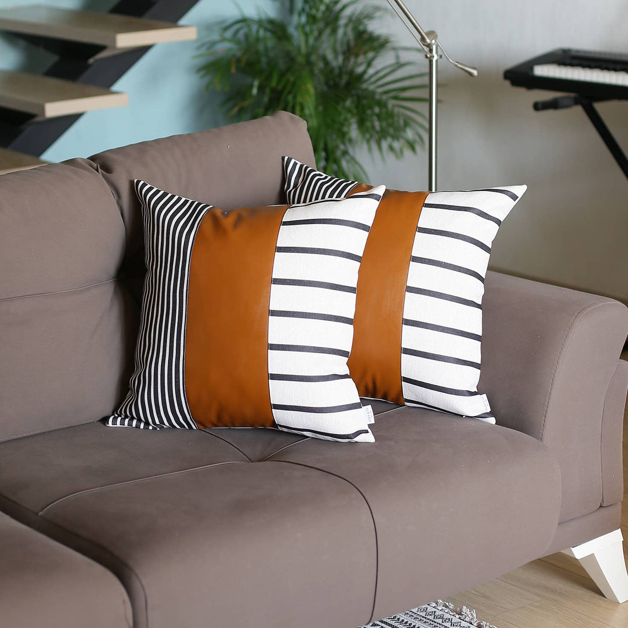 Boho Brown and Ivory Faux Leather Striped Pillow Covers, 24" x 24", Set of 2