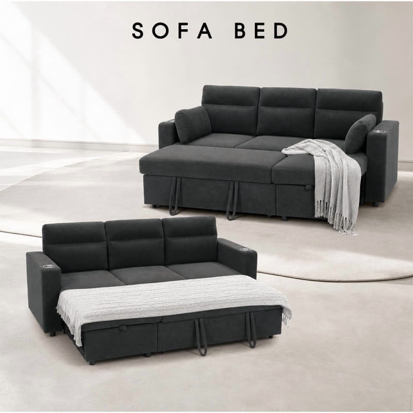 82.5" L-Shaped Convertible Sleeper Sofa, Pull-Out Sectional Sofa Bed with Storage Chaise, Cup Holders & 2 Lumbar Pillows, Modern Sofa Couch for Living Room, Apartment