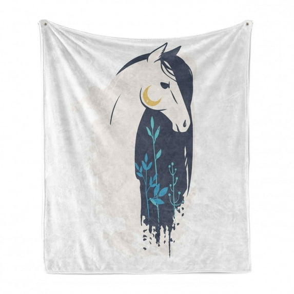 Animal Soft Flannel Fleece Blanket, Horse Head Along a Large Mane Moon and Plants Portrait Romantic Bohemian, Cozy Plush for Indoor and Outdoor Use, 60" x 80", Beige and Night Blue, by Ambesonne