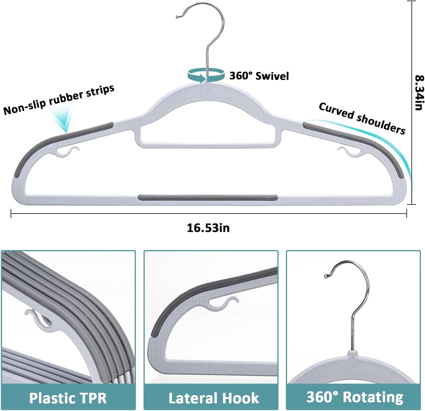Plastic Clothes Hangers, Space Saver, Non Slip, 360° Swivel Hook, Slim, Sturdy Heavy Duty for Coat, Durable for Suits, Light and Dark Gray