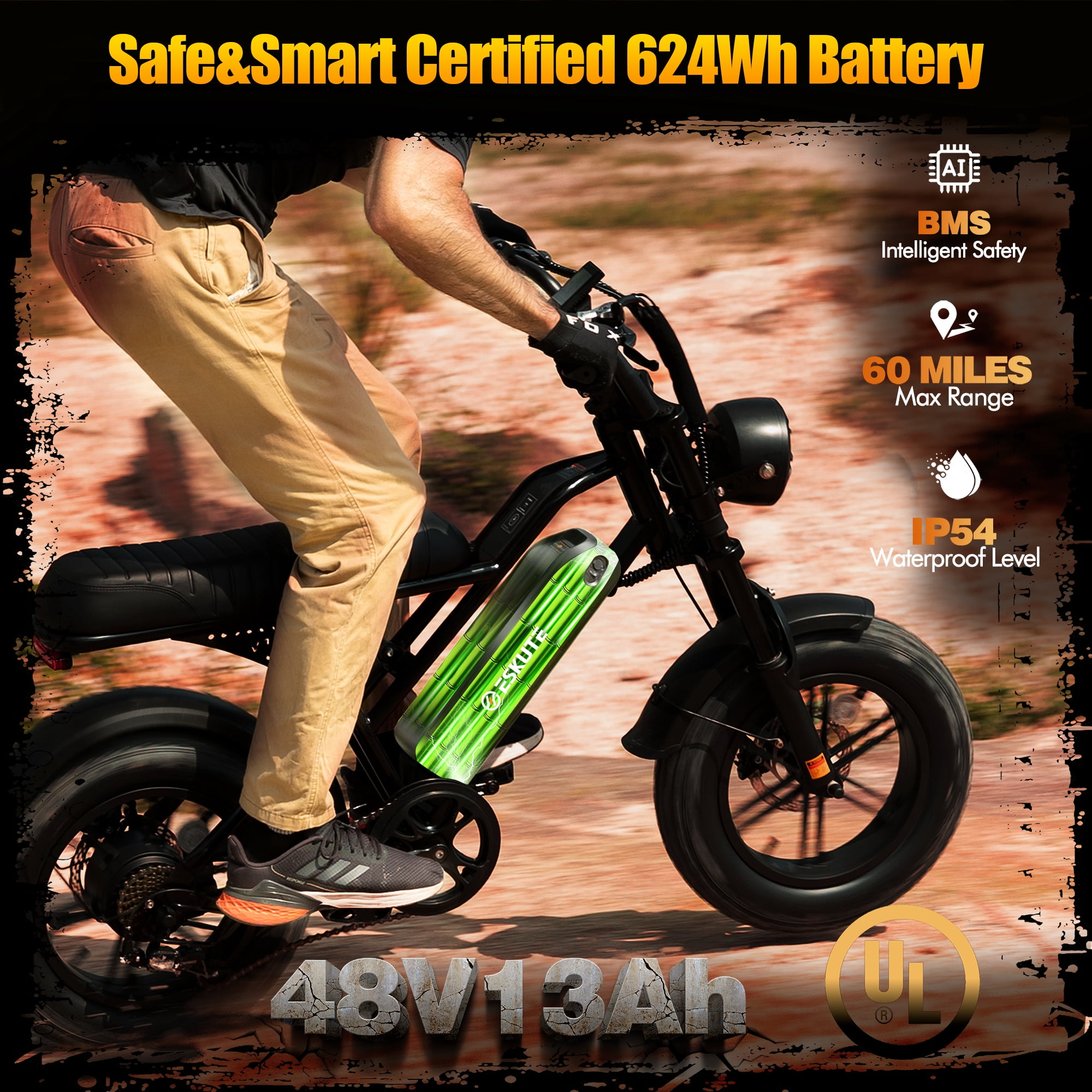 ESKUTE Electric Black Bike for Adults – 500W Motor 48V 13Ah Battery, 19MPH, 16"x4.0" Fat Tire E-Moped, 7-Speed, Up to 60 Miles, Commuter E-Bike for Adul UL2849