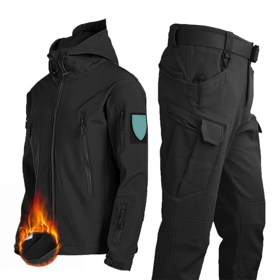 2Pcs/Set Men Thermal Jacket Pants Waterproof Fleece Lined Coldproof Outfit Winter Thicken Hooded Tracksuits Set for Hiking Hunting