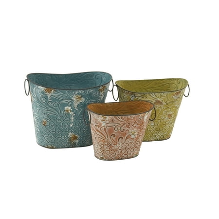 Brown Oval Basket - Decmode Set of Three - 12, 13 and 15 Inch Farmhouse Tin Oval Basket Planters, Brown