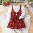 thumbnail image 2 of Odeerbi Toddler Girls Fall Winter Skirt Set Puff Sleeve Rib Knit Tops + Plaid Vest + Plaid Skirt Set Cotton Party Outfits Spring Round Neck Print Long Sleeve Skirt Set Red, 2 of 4