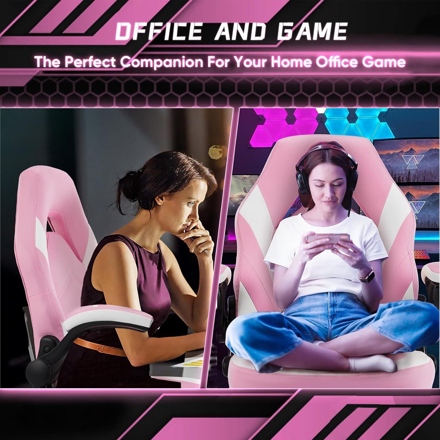 AENKYO Gaming Chair, Computer Chair Ergonomic Office Chair PU Leather Desk Chair Executive Adjustable Swivel Task Chair with Flip-up Armrest, Pink