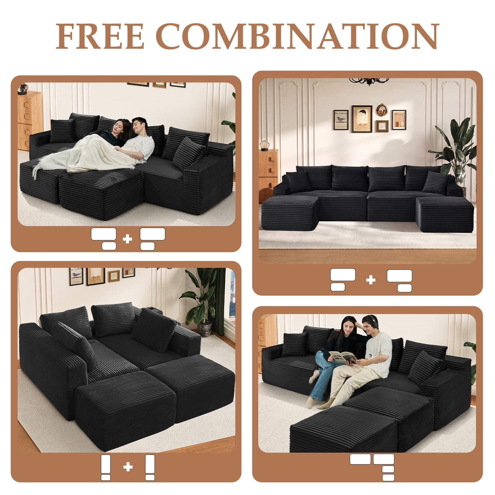 Aukfa 115" Cloud Sectional Sofa U Shape Modular Boneless Couch for Living Room, 2 Ottoman&Pillows, Corduroy, Black