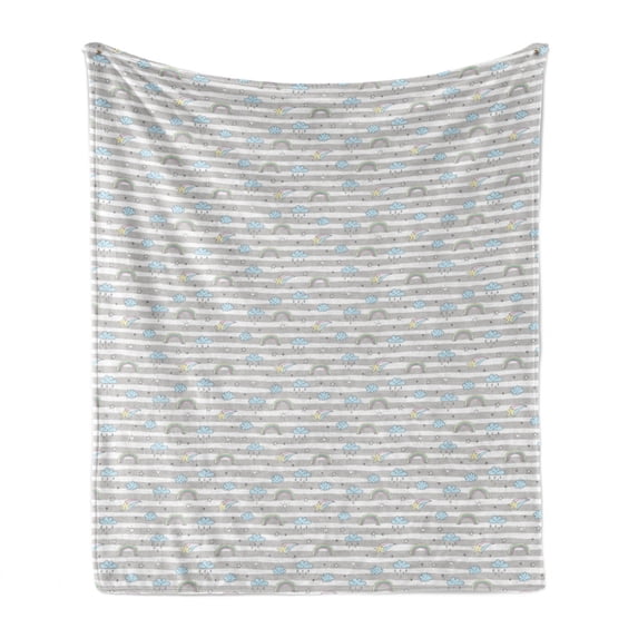 Rainbow Soft Flannel Fleece Throw Blanket, Doodle Rainbow Funny Raindrops with Clouds Stars on Greyscale Striped Background, Cozy Plush for Indoor and Outdoor Use, 70" x 90", Multicolor, by Ambesonne