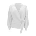 thumbnail image 3 of Ladies Long Sleeve V-neck Bowknot Pearl Pure Color Waist Knit Cardigan Sweater, 3 of 8