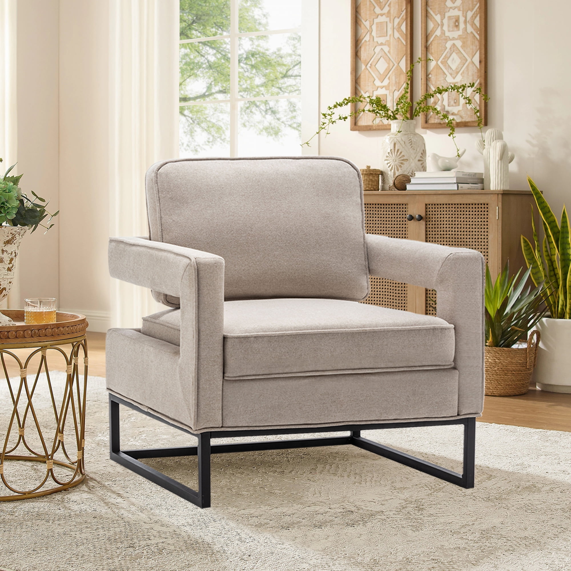 Andeworld Contemporary Upholstered Accent Armchairs Living Room Chair with Black Legs,Single Sofa Chair,Bedroom Reading Chair,Beige