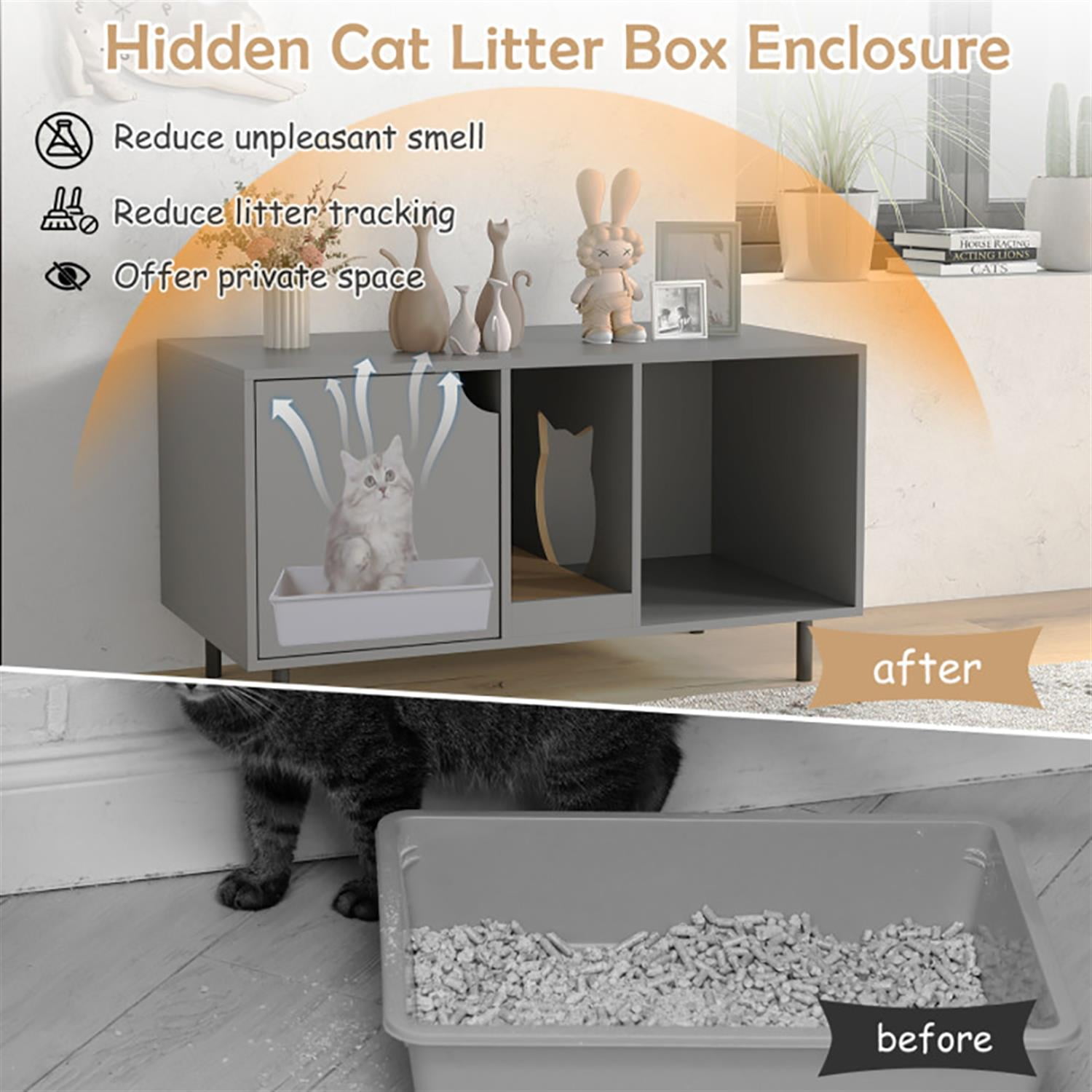 Kadyn 40" Cat Litter Box Enclosure Furniture with Scratching Board, Hidden Litter Box for Cats, Cat House Furniture for Side Table or Nightstand, Gray