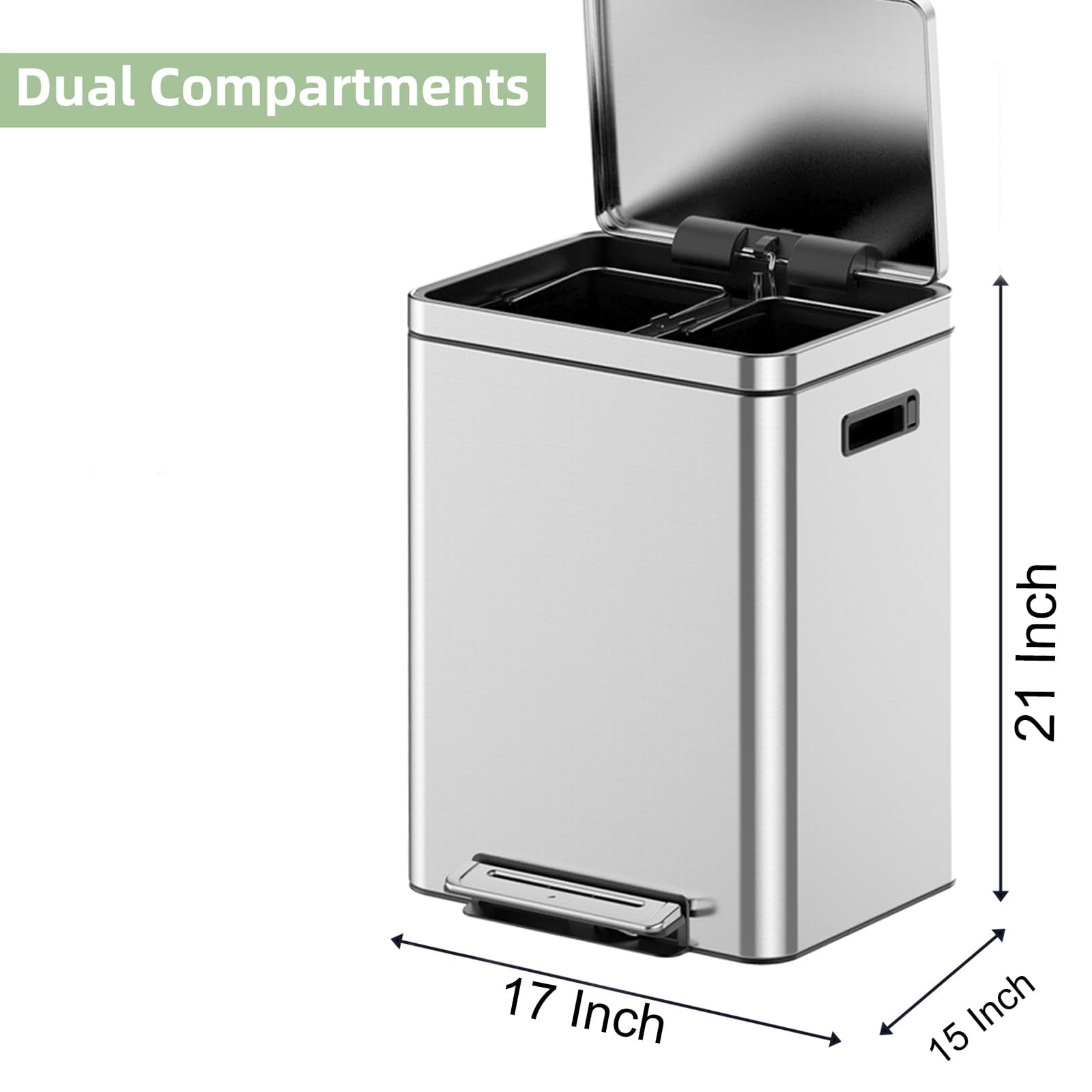 TROPOW Fashionwu 40L Trash Can, Rectangular Garbage Can with Soft-Close Foot Pedal, Double Compartment Classified Garbage Can, Stainless Steel Trash Can with Metal Lid & Removable Inner Bucket