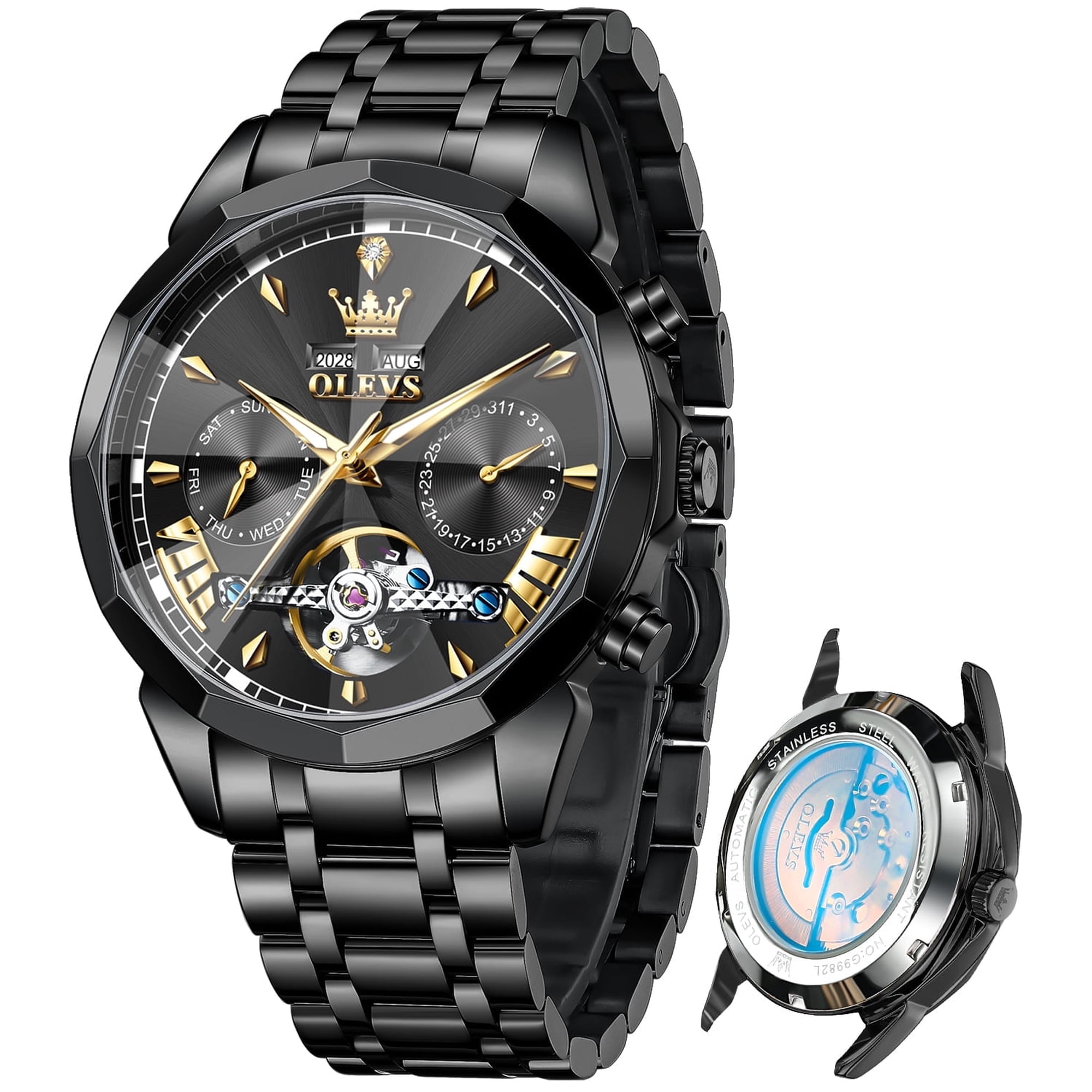 OLEVS Automatic Watches for Men Luxury Dress Waterproof Self Winding Mechanical Chronograph Diamond Stainless Steel Luminous Date Skeleton Tourbillon Mens Watches Gift Reloj Para Hombre Black Dial