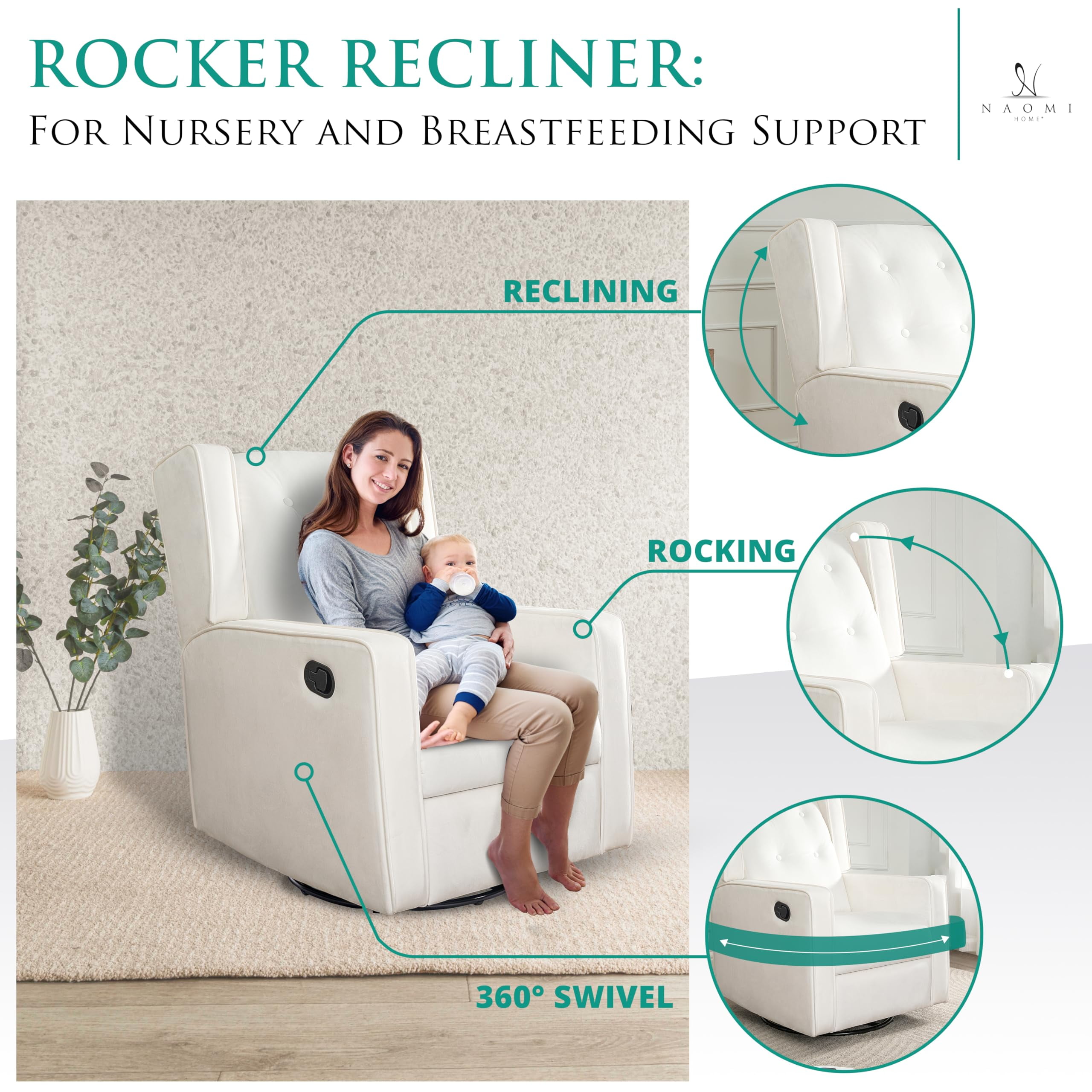 Relax and Bond with Your Baby in Style – Odelia 360° Swivel Glider Rocker Recliner for Nursery and Maternity | Plush Cushions, Gentle Rocking Motion, Soft Microfiber Upholstery - Bright White
